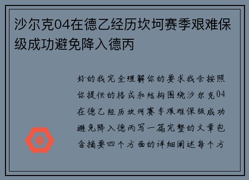沙尔克04在德乙经历坎坷赛季艰难保级成功避免降入德丙