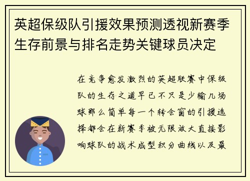 英超保级队引援效果预测透视新赛季生存前景与排名走势关键球员决定